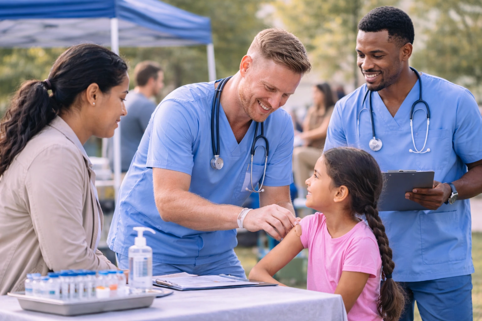Clinician caring for a child during a community health visit
