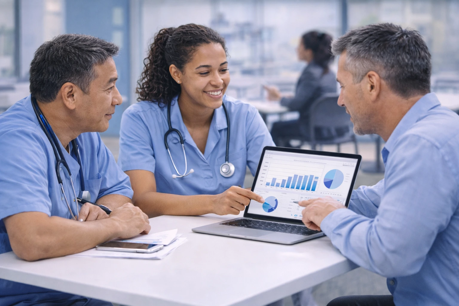 Healthcare professional using a laptop for care operations