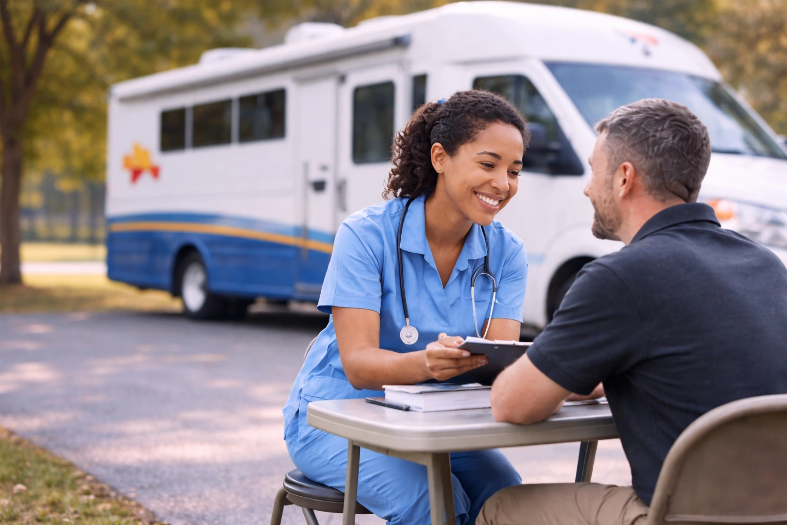 Clinicians reviewing a patient case in a care setting