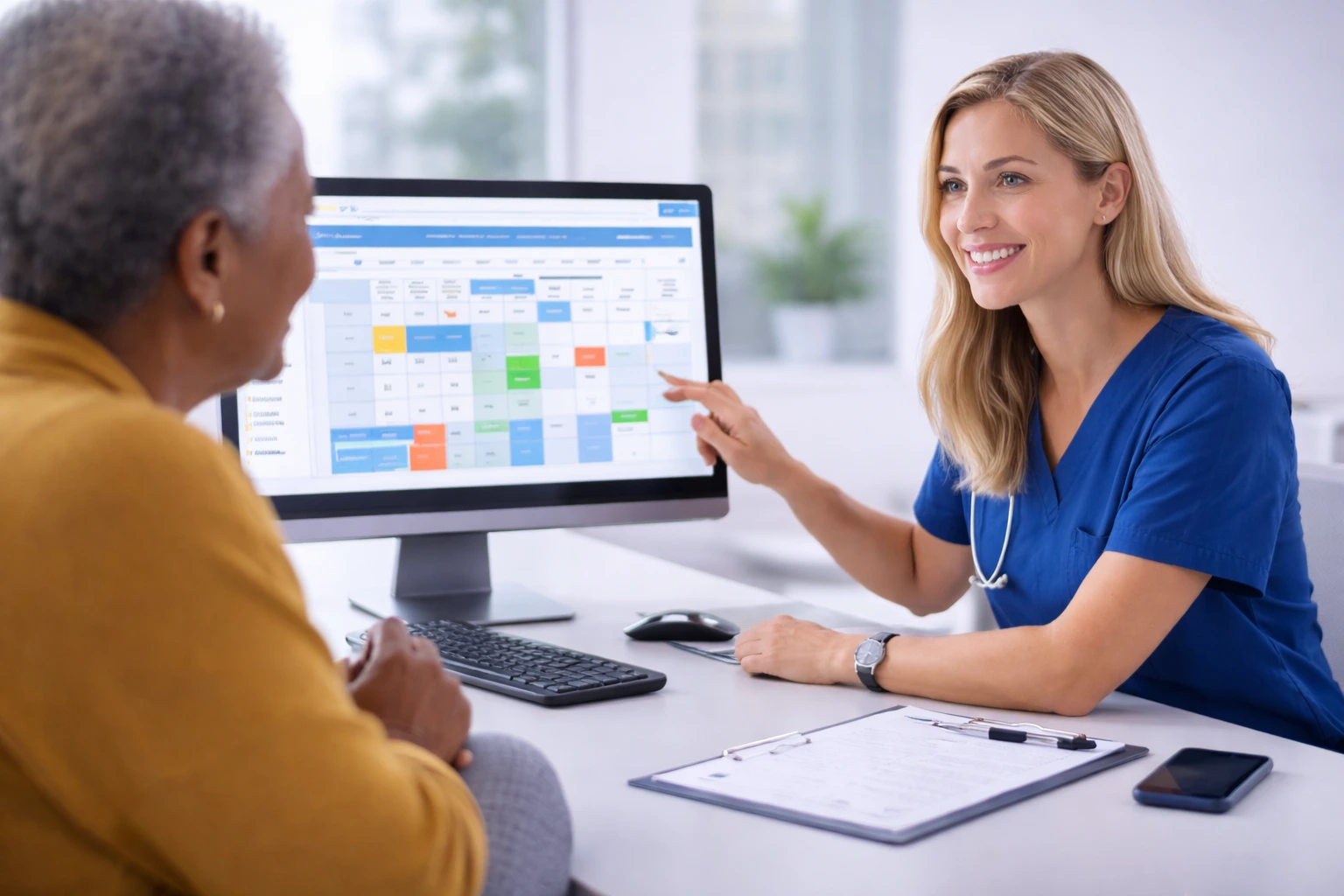 Healthcare scheduling conversation with calendar and planning materials