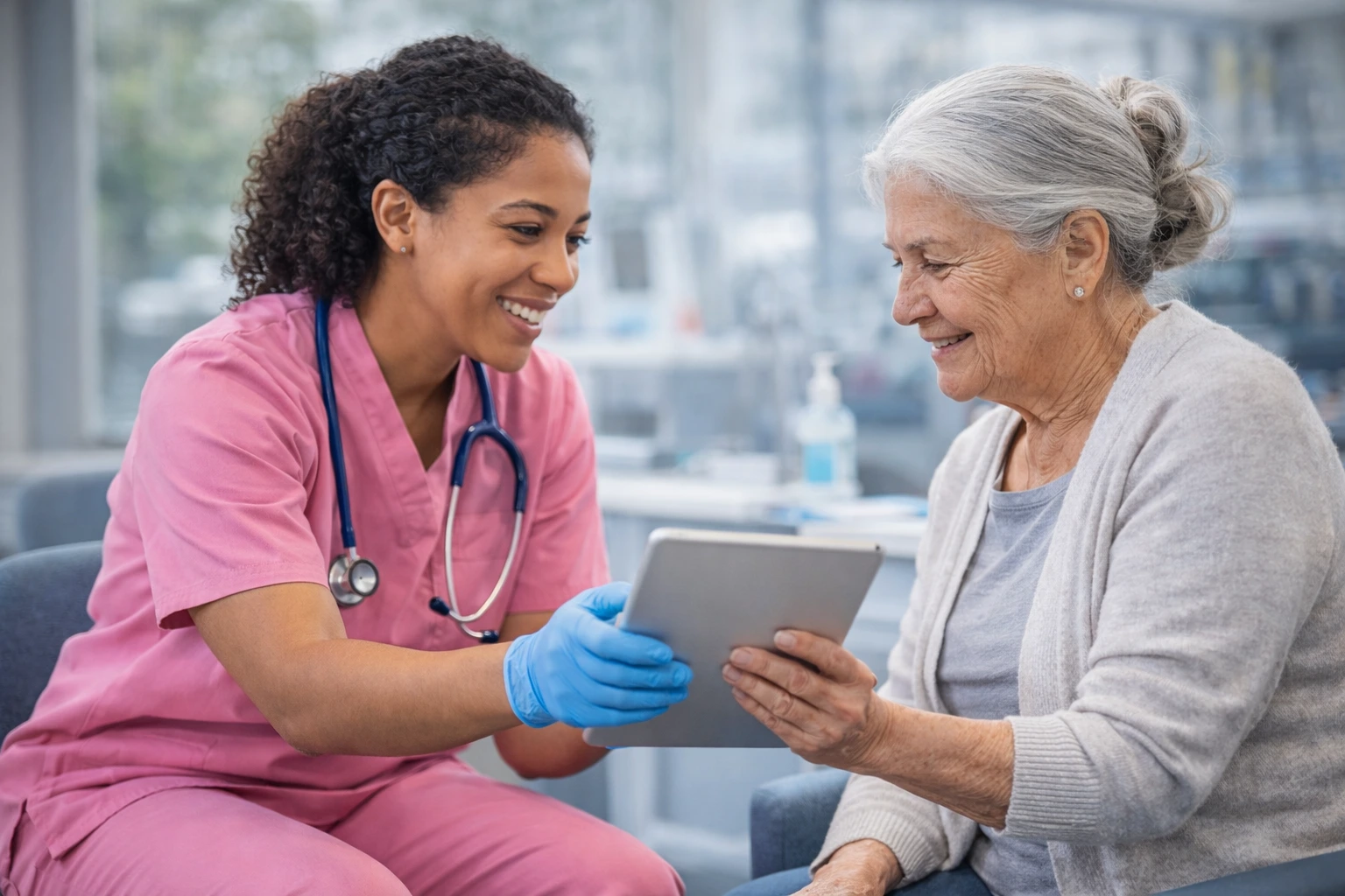 Healthcare worker examining a child held by a parent